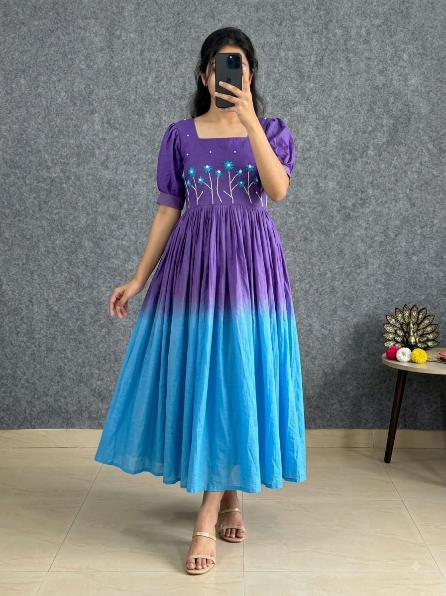 Soft Mul Cotton Ombre Gown with Pearl & Thread Handwork